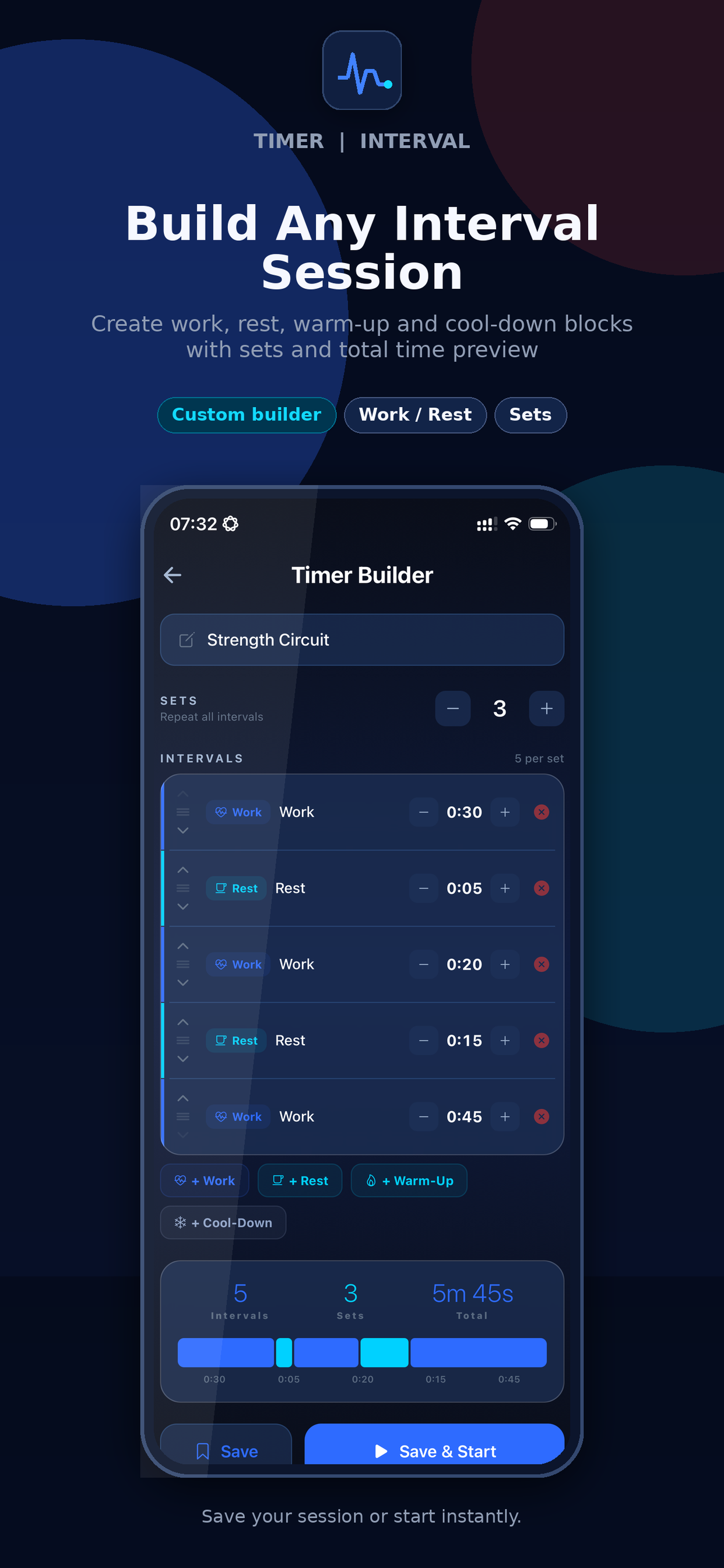Custom timer builder with work, rest, warm-up and cool-down intervals