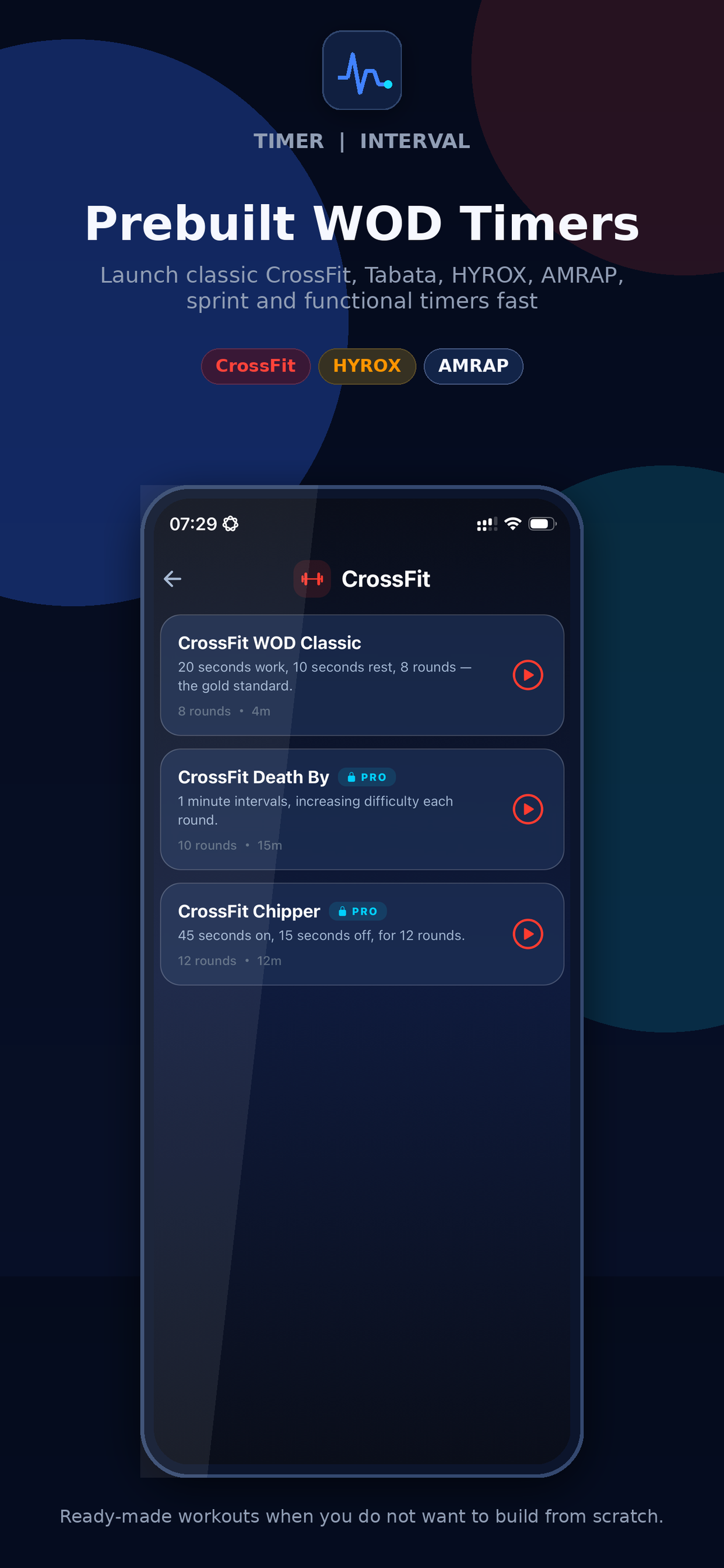 Prebuilt WOD timer library showing CrossFit, HYROX and Tabata presets